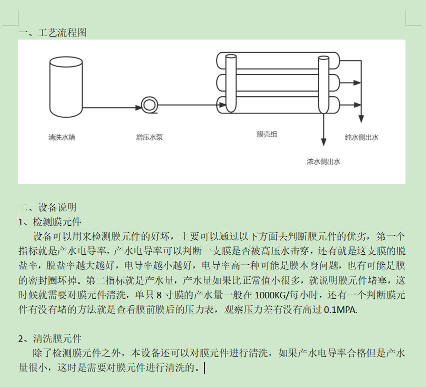 人民路街道ro洗膜机工艺流程图及工艺说明